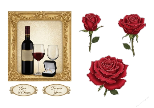 Romantic Wine & Roses Set | A4 JPEG Printable Sheet