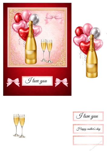 Romantic Celebration 3D Card Kit | Champagne & Balloons | A4 Printable Sheet