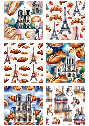 Paris Themed Card Backgrounds Kit | Set of 6 Square Designs | A4 Printable Sheet