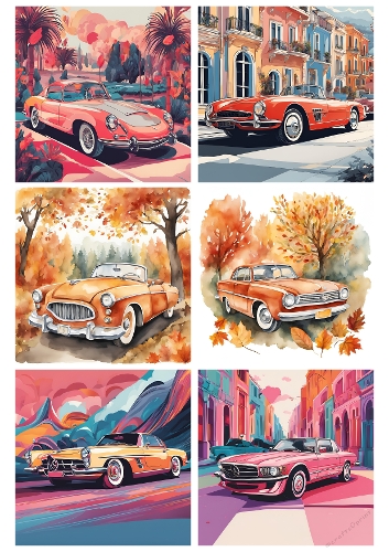 Vintage Car Backgrounds Kit | Set of 6 Square Designs | A4 Printable Sheet
