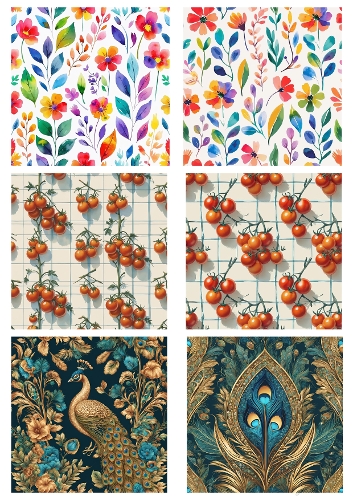Floral, Tomato & Peacock Backgrounds Kit | Set of 6 Square Designs | A4 Printable Sheet