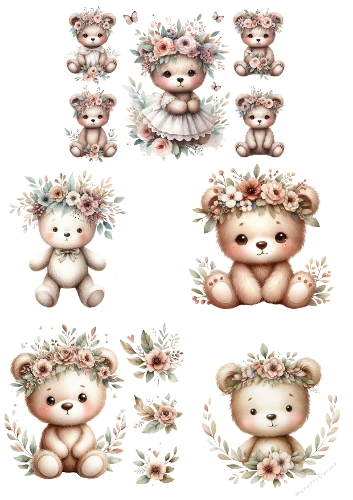 Floral Teddy Bears Cardmaking Kit | Set of 6 Cute Designs | A4 Printable Sheet