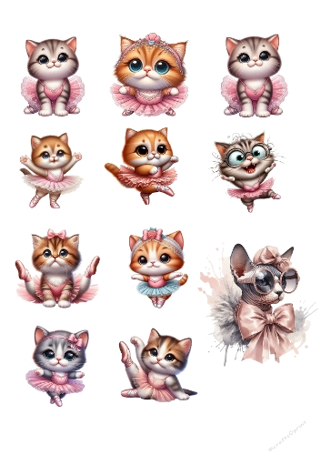 Ballerina Kittens Cardmaking Kit | Set of 12 Cute Designs | A4 Printable Sheet
