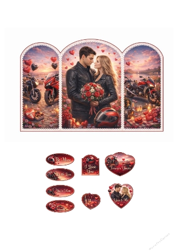 Romantic Motorcycle Triptych Card | Love & Valentine Theme | Printable Sheet
