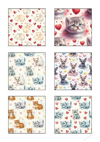 Kittens & Hearts Backgrounds Kit | Set of 6 Cute Designs | Printable Sheet