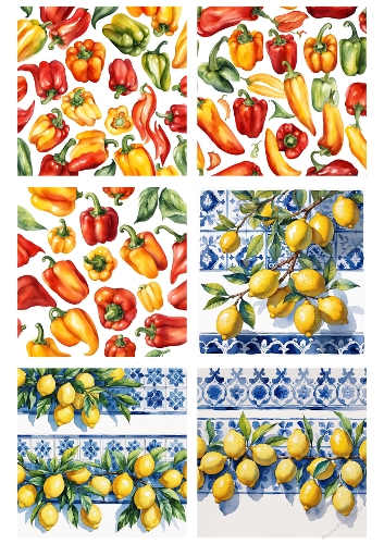 Peppers & Lemons Backgrounds Kit | Set of 6 Watercolor Designs | Printable Sheet