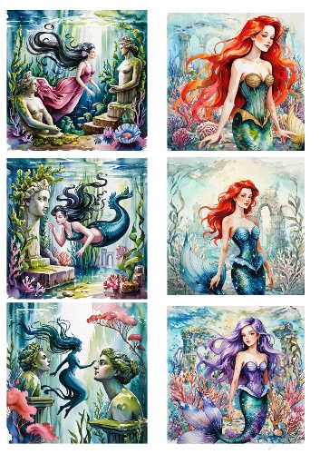 Mermaid Watercolor Fantasy Art Set – Underwater Mythology Illustration Collection