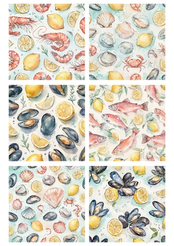 Watercolor Seafood & Lemon Pattern – Coastal Mediterranean Food Background