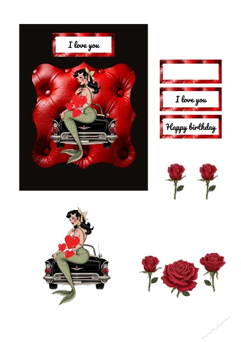 Retro Mermaid Love Card Clipart – Pin-Up Mermaid with Classic Car, Roses and Romantic Quotes
