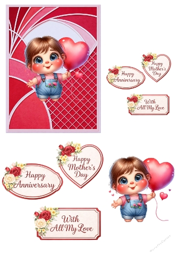 Cute Baby Love Card Clipart – Adorable Baby with Heart Balloon, Romantic Floral Labels
