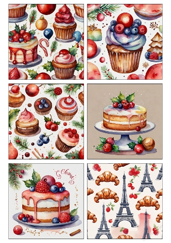 Christmas Dessert Clipart Set – Watercolor Cakes, Cupcakes, Berries & Festive Seamless Patterns