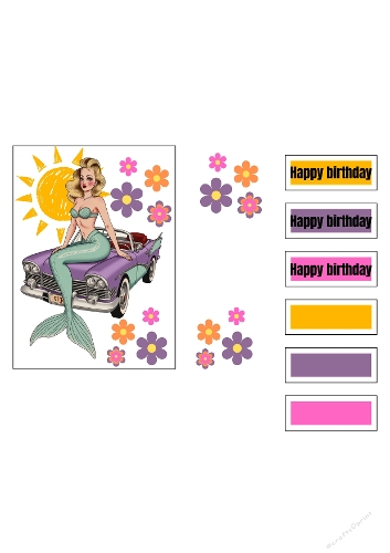 Retro Mermaid Birthday Clipart Set – Vintage Pin-Up Mermaid, Flowers & Editable Birthday Labels