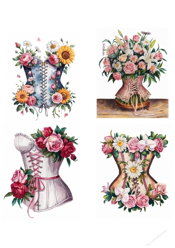 Floral Corset Clipart Set – Romantic Victorian Bustier with Flowers Illustration