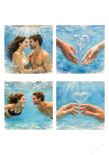 Romantic Underwater Love Watercolor Set – Couple & Heart Bubble Art (4 Designs)