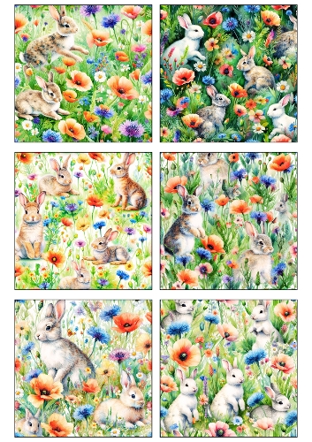 Watercolor Bunny Seamless Patterns – Cute Rabbits in Spring Wildflower Meadow