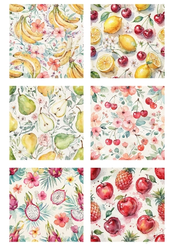 Watercolor Fruit Seamless Pattern Bundle – Bananas, Lemons, Cherries, Pears, Apples & Tropical Fruits