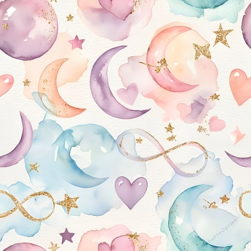 Pastel Watercolor Celestial Pattern – Moons, Stars & Infinity