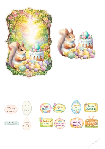 Spring Squirrel Easter Cake 3D Decoupage A4 – Easter & Birthday Card Kit