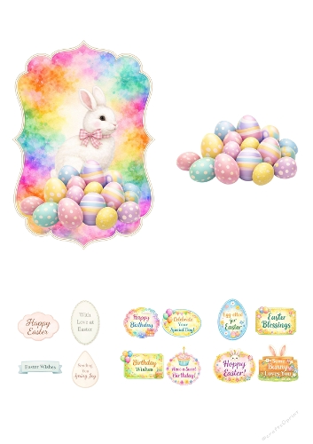 Cute Easter Bunny with Pastel Eggs 3D Decoupage A4 – Spring Card Making Kit