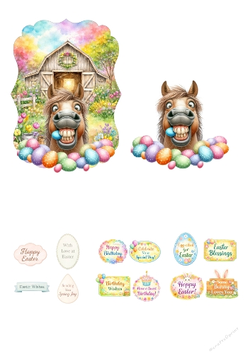 Funny Easter Horse with Eggs 3D Decoupage A4 – Humorous Farm Easter Card Kit