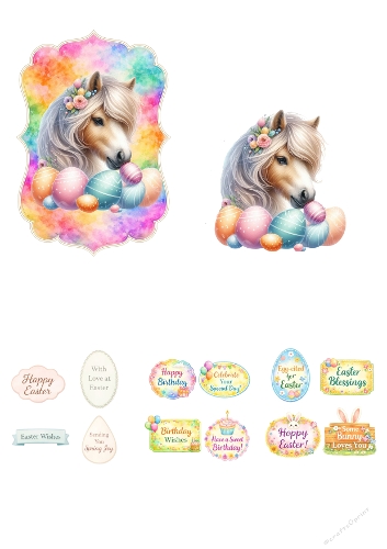 Cute Easter Pony with Eggs 3D Decoupage A4 – Pastel Spring Easter Card Kit