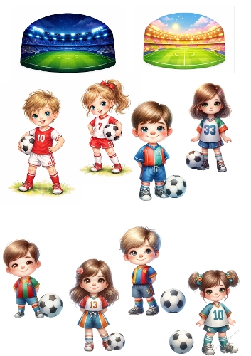 Cute Football Kids A4 3D Decoupage – Soccer Boys & Girls with Stadium Backgrounds