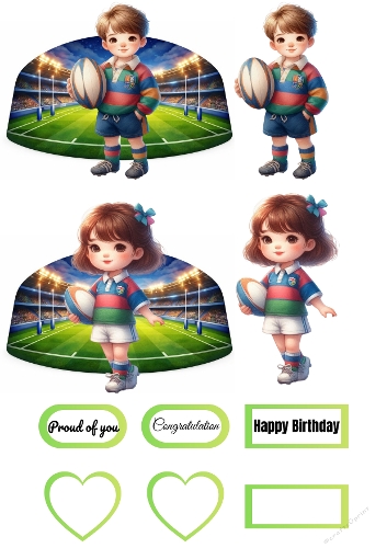 Cute Kids Rugby Card Toppers Set – Boys & Girls – Stadium Scene – Birthday & Congratulations Craft PNG