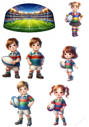 Cute Kids Rugby Card Topper Set – Boys & Girls Rugby Clipart with Stadium Background