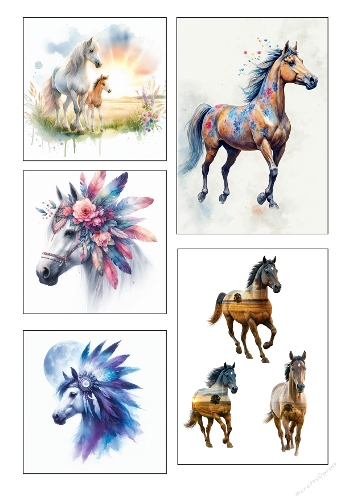 Watercolor Horses Art Kit | A4 Printable Sheet | Set of 6 Artistic Designs
