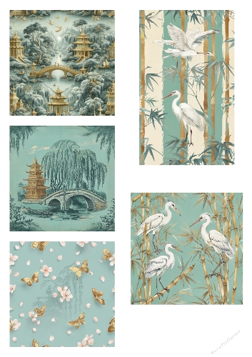 Oriental Vintage Digital Paper Kit – Elegant Asian Landscapes, Birds and Bamboo for Card Making and Crafts