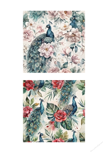 Elegant Peacock Floral Digital Paper Kit – Romantic Vintage Flowers and Peacocks for Card Making and Crafts