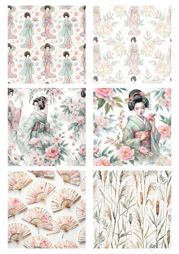 Background Kit | Set of 6 Japanese‑Style Kimono, Fan & Botanical Printable Panels