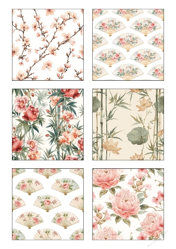 Background Kit | Set of 6 Japanese‑Style Floral, Fan & Botanical Printable Panels