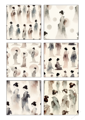Background Kit | Set of 6 Watercolor Kimono Lady Printable Panels