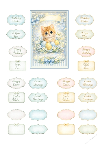 Cute Easter Kitten Greeting Card Kit – Spring Flowers, Pastel Eggs and Sentiment Toppers for Card Making