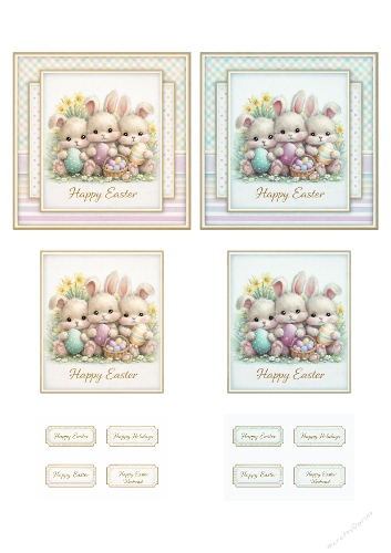 Cute Easter Bunny Card Kit – Adorable Pastel Rabbits with Easter Eggs, Printable Card Fronts and Sentiment Toppers