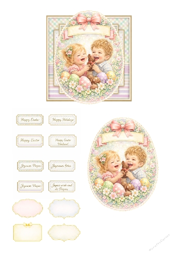 Sweet Easter Children Card Kit – Adorable Kids with Easter Eggs, Pastel Floral Egg Frames and Printable Sentiment Toppers