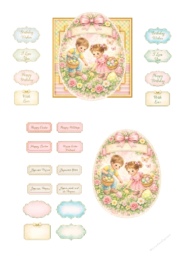 Cute Easter Children Card Kit – Spring Egg Hunt Illustration with Kids, Pastel Florals and Printable Sentiment Toppers