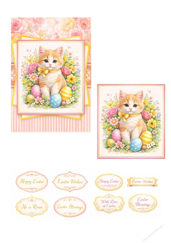 Cute Easter Kitten Card Kit – Adorable Cat with Easter Eggs, Floral Spring Design and Printable Sentiment Toppers