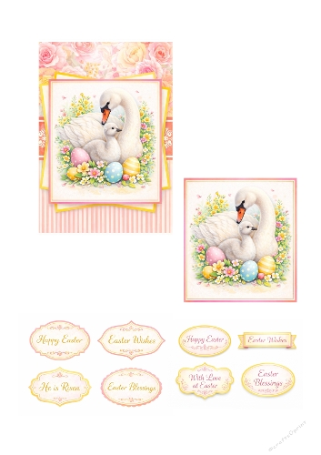 Elegant Easter Swan Card Kit – Mother Swan and Cygnet with Easter Eggs, Floral Spring Illustration and Printable Sentiment Toppers