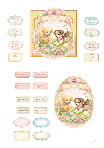 Cute Easter Puppies Card Kit – Two Playful Puppies with Easter Eggs, Floral Spring Scene and Printable Easter Sentiment Toppers