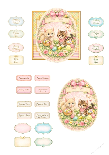 Cute Easter Kittens Card Kit – Two Adorable Kittens with Easter Eggs, Floral Spring Scene and Printable Easter Sentiment Toppers