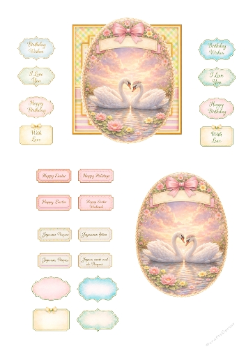 Romantic Swan Card Kit – Elegant Swans on Water at Sunset, Floral Oval Frame and Printable Sentiment Toppers