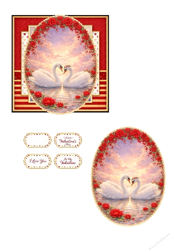 Valentine Swan Card Kit – Romantic Swans with Red Roses, Heart Frame and Love Sentiment Toppers