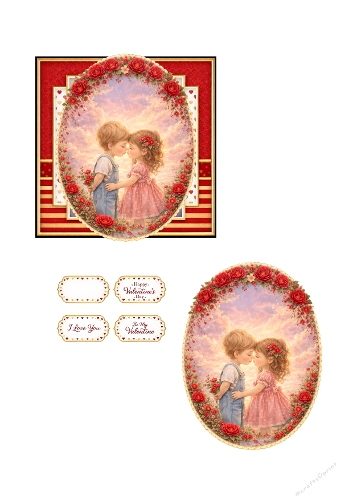 Valentines Day Card Set – Sweet Children Love Scene with Roses, Romantic Frame and Valentine Sentiments