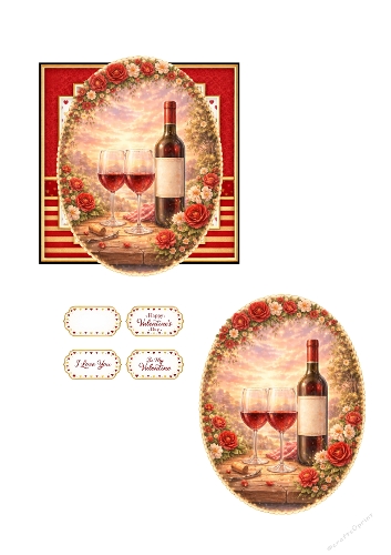 Valentines Day Card Set – Romantic Wine Scene with Red Roses, Elegant Frame and Valentine Sentiments
