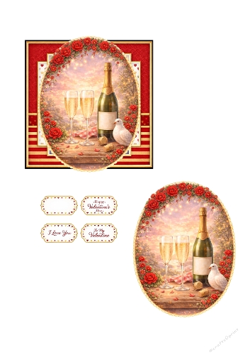 Valentines Day Card Set – Romantic Champagne Celebration with Dove and Red Roses Illustration