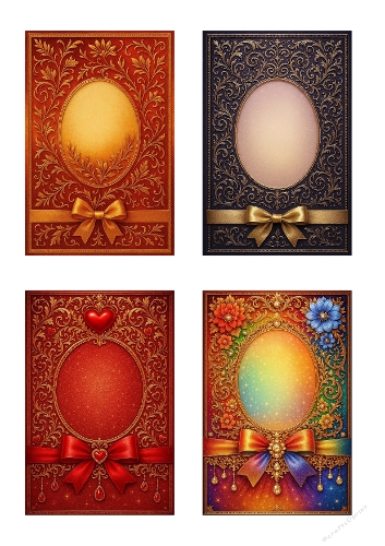Luxury Ornate Card Fronts Kit – 4 Elegant Oval Frames with Gold Details, Bows and Rich Backgrounds