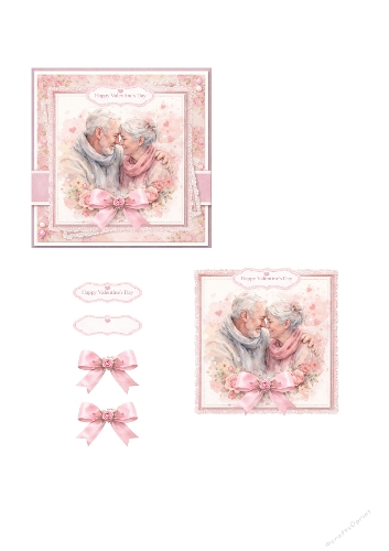 Romantic Valentine Card Making Kit – Elderly Couple Love Illustration, Pink Floral Background, Sentiments and Bows