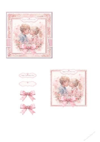 Sweet Valentine Card Making Kit – Cute Children Love Illustration, Soft Pink Florals, Sentiments and Decorative Bows